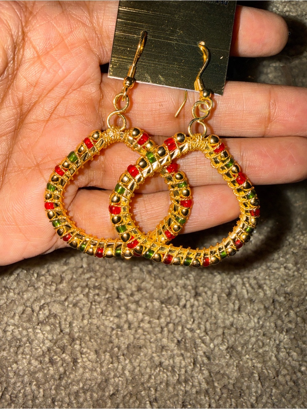 Gold Tone Red & Green Beaded Hoop Earrings - Women's Jewelry